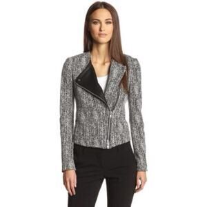 Theory Joean N Black & White w/ Goat Leather Trim Moto Jacket Sz 4